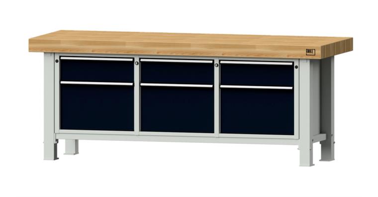 Schwerlastwerkbank 2250x800x900mm Modell 223VS Buche-Massiv-Platte RAL 7035/7016