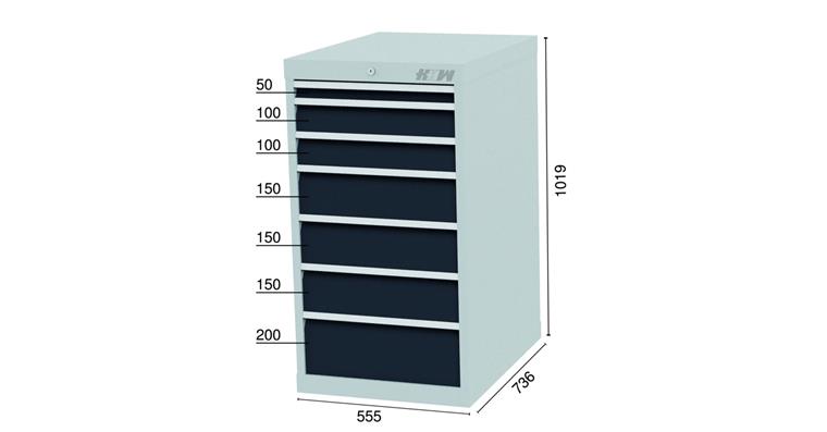 Drawer cabinet 7 drawers 7016 1x50 2x100 3x150 1x200mm 555x736x1019