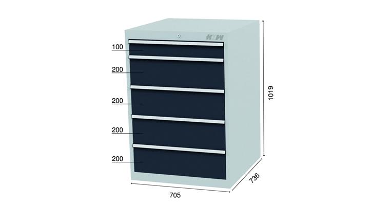 Drawer cabinet 5 drawers 7035/7016 1x100, 4x200mm WDH 705x736x1019mm