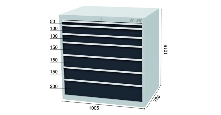 Schubladenschrank 7 Schubladen 7016 1x50 2x100 3x150 1x200mm 1005x736x1019