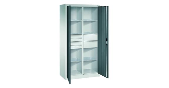 Flügeltür-Werkzeugschrank 1950x1200x500mm 6 Böden 4 kl.+2 gr. Schubladen RAL7016