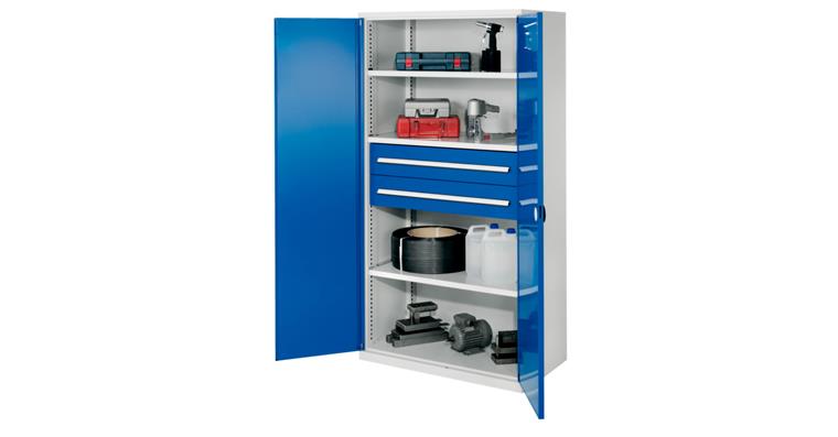Schwerlastschrank H1950xB1000xT600mm 3Böden+2Schubladen Vollblechtüren 7035/5010