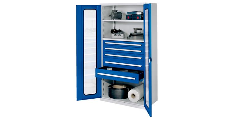 Hvy-dty cabinet H1950xW1000xD600mm 2shelves+5drawers viewing window 7035/5010