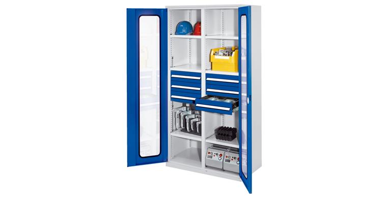 1085165207 Hvy-dty cabinet H1950xW1000xD600mm 6shelves+6drawers viewing window 7035/5010
