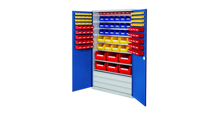 1083508305 Großraumschrank H1950 x B1130 x T590 mm 119Kästen 8 Böden RAL 7035/5010