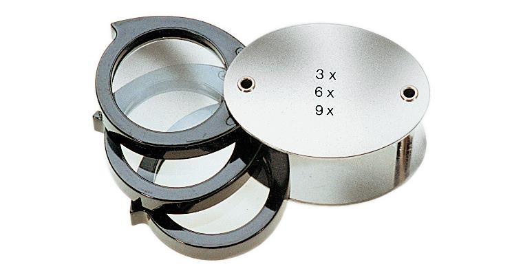 1039217201 ATORN folding magnifying glass 3-6-9x mag., 3 biconvex lenses diameter 30 mm