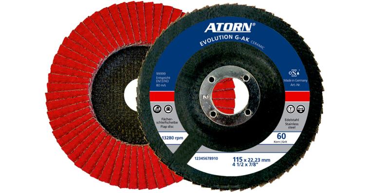 ATORN abrasive flaps, CERAMIC grain 80, 115 mm, inclined fibreglass carrier