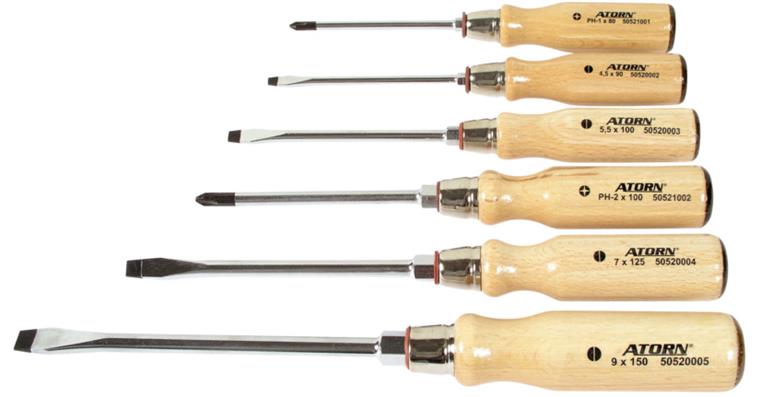 ATORN screwdriver set, slotted/recessed head, 6 pieces, with wooden handle
