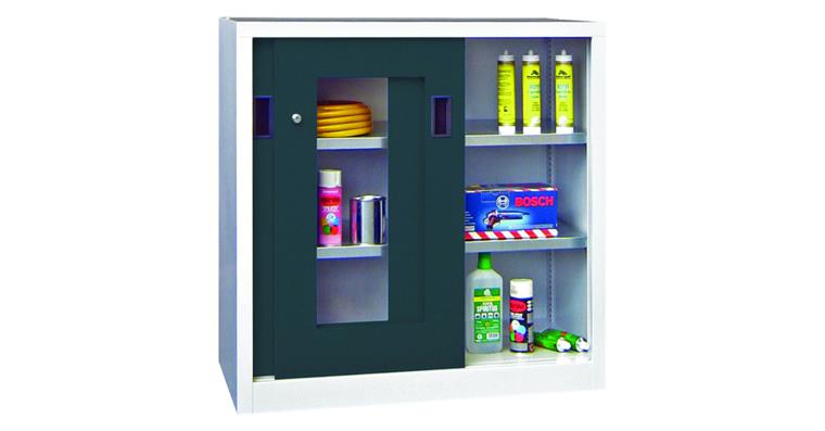 1084839307 Schiebetürenschrank Sichtfenstertüren H 1000 x B 1000 x T 400 mm RAL 7035/7016