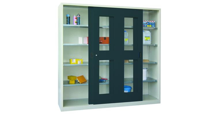 Schiebetürenschrank Sichtfenstertüren H 1950 x B 2000 x T 400 mm RAL 7035/7016