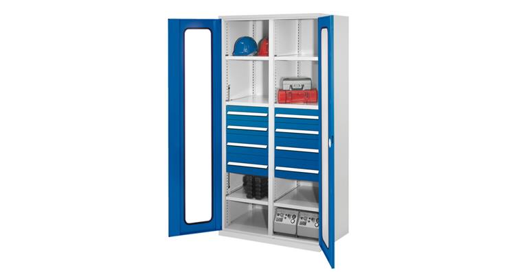Hvy-dty cabinet H1950xW1000xD600mm 6shelves+8drawers viewing window 7035/5010