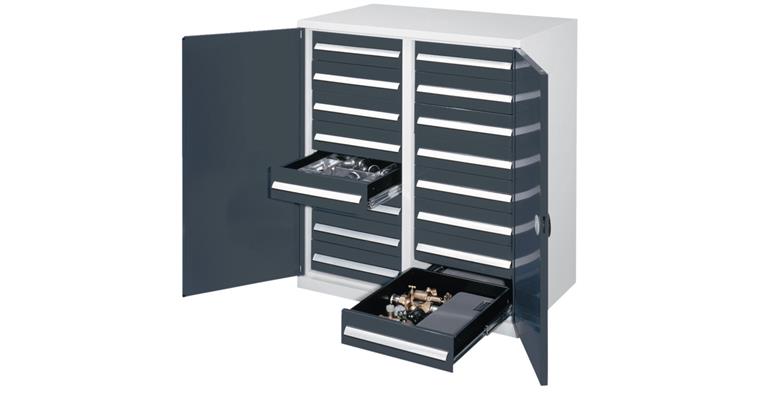 Heavy duty cabinet H1100xW1000xD600mm 16 drawers with centr. divider 7035/7016