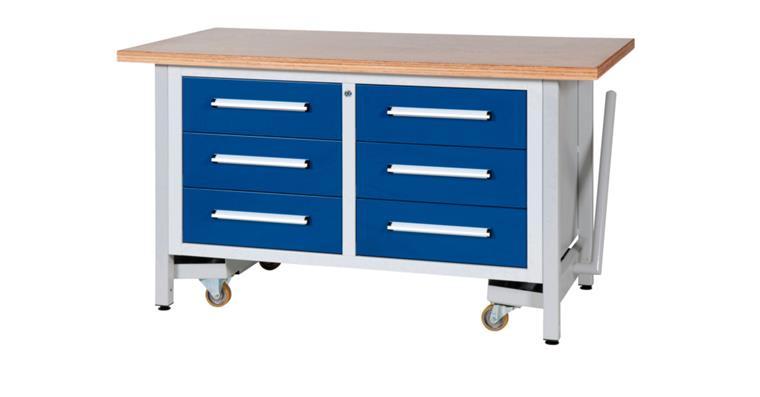 Kastenwerkbank B1500 x T750 x H840mm 6 Schubladen RAL7035/5010 Fahrbar