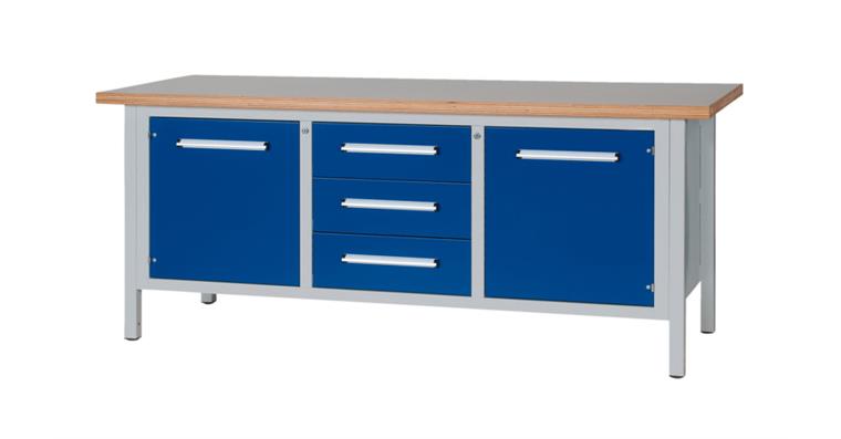 Kastenwerkbank B2000 x T750 x H840mm 3 Schubladen 2 Türen RAL7035/5010