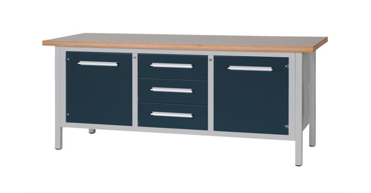 Kastenwerkbank B2000 x T750 x H840mm 3 Schubladen 2 Türen RAL7035/7016