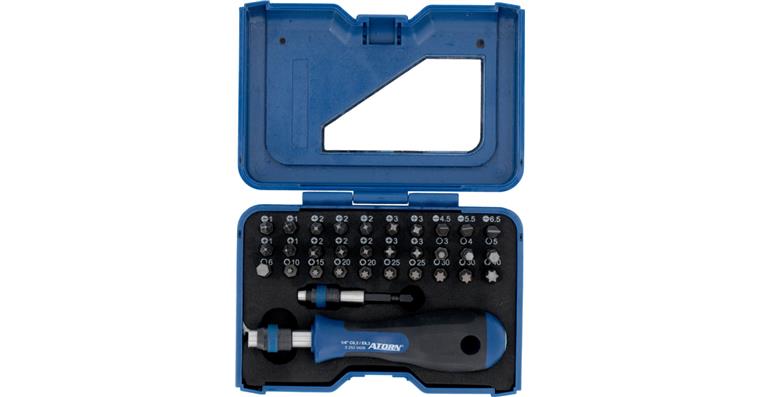 ATORN bit box 32 pcs, slotted, PH, PZ, hexagon socket, TX, with holder a. handle