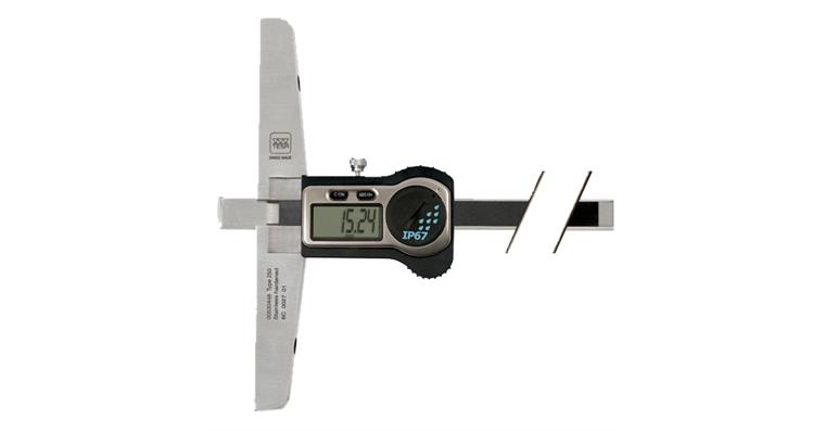 Digital depth callipers TESA, swivelling stop plate, MR 250 mm, RS 232
