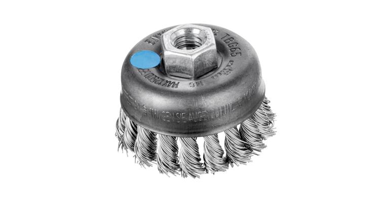 Twisted-wire cup brush, INOX wire 0.35mm, dia. 65mm, bristle L=22mm, twists 18