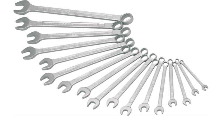 Combination wrench set 15° DIN 3113 A CV steel 17 pcs AF 7-27 mm in box