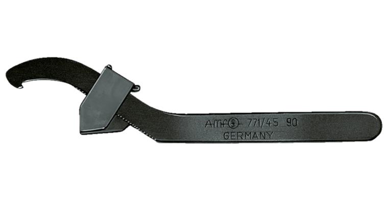 Verstellbarer Hakenschlüssel mit Nase und Verzahnung für Muttern Ø 45-90 mm