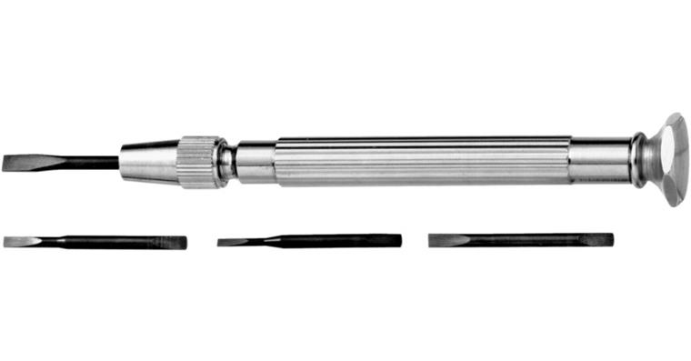 Universal/watchmaker's screwdriver with 4 blades in handle, CV steel 1.5-3 mm