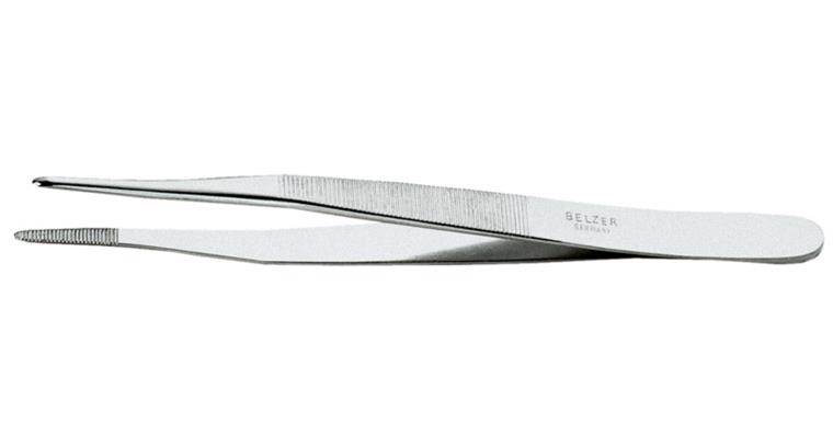 Jewellers' tweezers, jaws pointed notched nickel-plated, length 140 mm