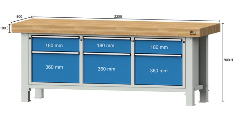 Schwerlastwerkbank 2250x800x900mm Modell 223VS Buche-Massiv-Platte RAL 7035/5012