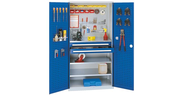 1082555102 Cabinet with perforated panel door, mod. 1, 7035/5012, 3 shelf, 2 drawers