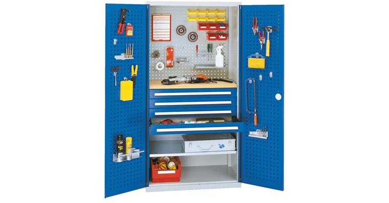 Cabinet with perforated panel door, mod. 3, 7035/5012, 1 shelf, 4 drawers