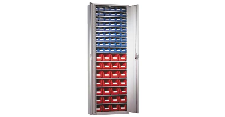 Cabinet with doors 1950x690x285mm 15 shelves, 82 easy-view storage bins RAL 7035