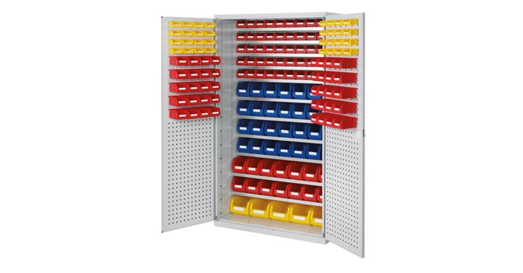 Großraumschrank 1950x1130x590 mm RAL 7035 169 Sichtlagerkästen 11 Fachböden
