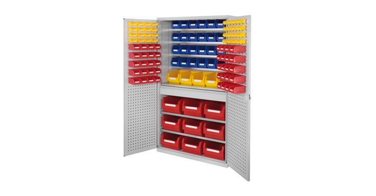 Großraumschrank 1950x1130x590 mm RAL 7035 114 Sichtlagerkästen 7 Fachböden