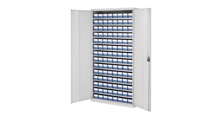 Storage cabinet H1950xW1000xD500 mm including 112 boxes RAL 7035