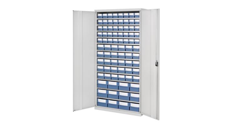 Storage cabinet H1950xW1000xD500 mm including 82 boxes RAL 7035