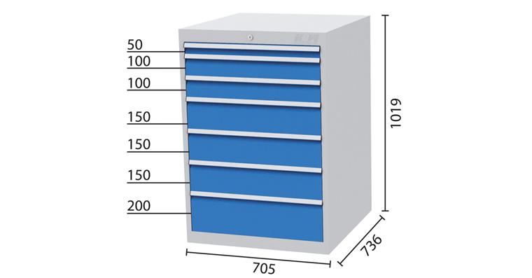 1084250101 Schubladenschrank 7 Schubladen 1x50 2x100 3x150 1x200mm 705x736x1019mm 5012