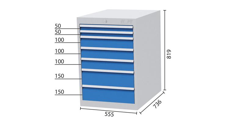 1084301103 Schubladenschrank 7 Schubladen 7035/5012 2x50, 3x100, 2x150mm 555x736x819mm
