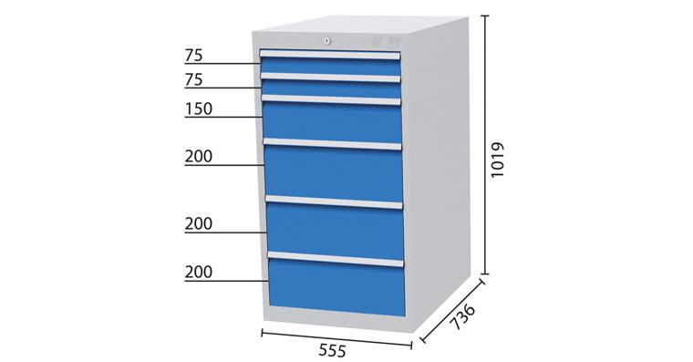Drawer cabinet 6 drawers 7035/5012 2x75, 1x150, 3x200mm 555x736x1019mm
