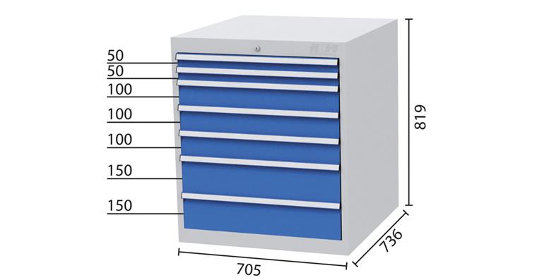 Schubladenschrank 7 Schubladen 5012 2x50, 3x100, 2x150mm-BTH 705x736x819mm