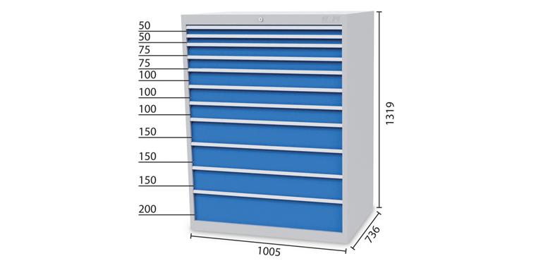 Drawer cabinet 11 drawers 5012 2x50 2x75 3x100 3x150 1x200mm 1005x736x1319