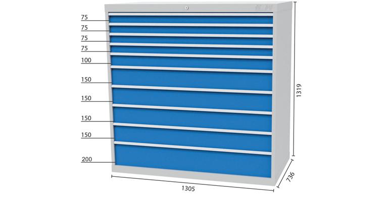 1084386104 Tool cabinet 1305x736x1319mm 10 drawers 4x75 1x100 4x150 1x200 mm 7035/5012