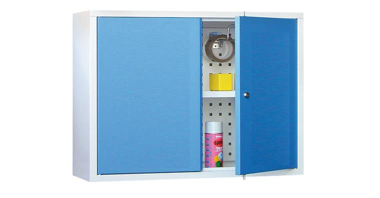 Hang. cab. back pan. prftd sld sheet metal doors W800mm RAL7035/5012 light blue