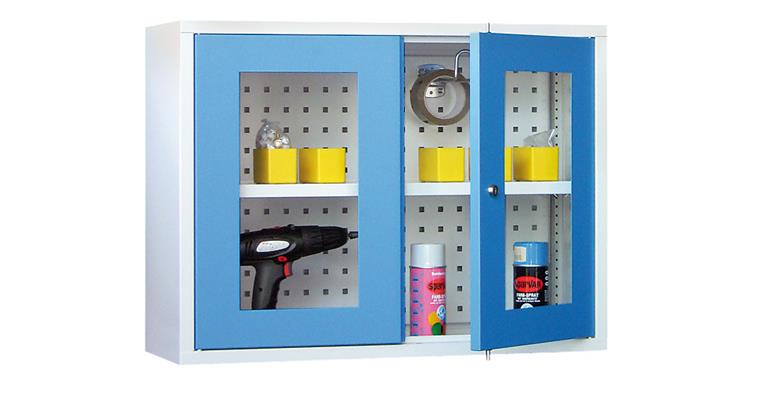 Hang. cab. back pan. prftd doors w/ view. window W800mm RAL7035/5012 light blue