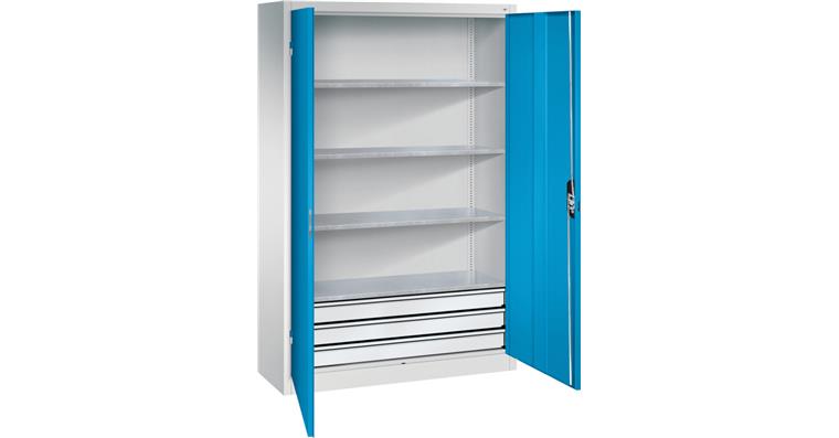 Großraum-Werkzeugschrank 1950x1200x400 RAL7035/5012 Schubladenblock unten