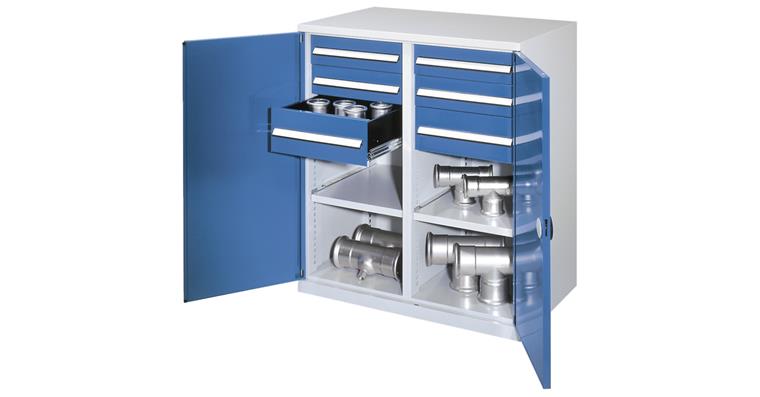 Heavy-duty cabinet 1110x1000x600mm RAL7035/5012 w/ divider, 2 shelves, 6 drawers