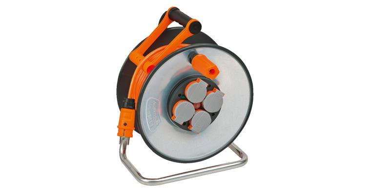 Stahl-Kabeltrommel 50 m 4 Steckdosen IP44 Kabel H07BQ-F 3G1,5 orange