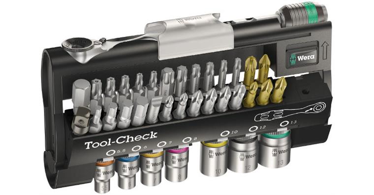 WERA Tool-Check set, 38 pcs, 1/4 inch bit ratchet, bit holder, 28 bits, adapter