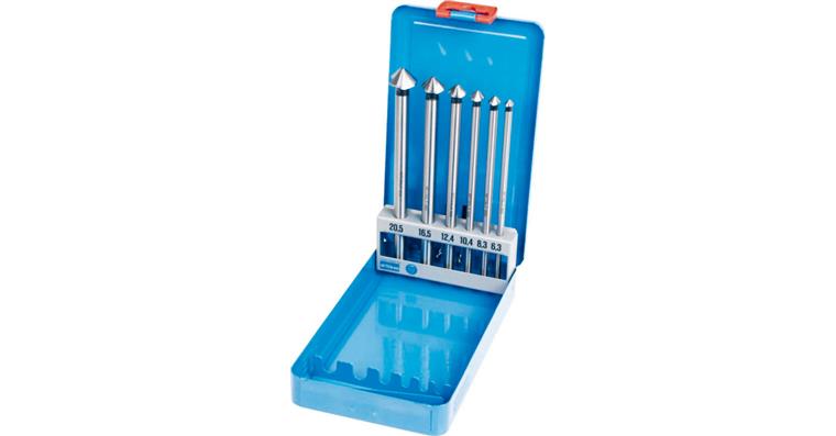 Cs. + cs. deburring tool set 6 pcs 90° HSS ex-long dia. 6.3-20.5 metal box