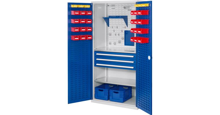 Cabinet with perforated panel door, mod. 5, 7035, 2 shelf, 3 drawers