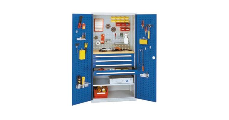 Cabinet with perforated panel door, mod. 3, 7035, 1 shelf, 4 drawers