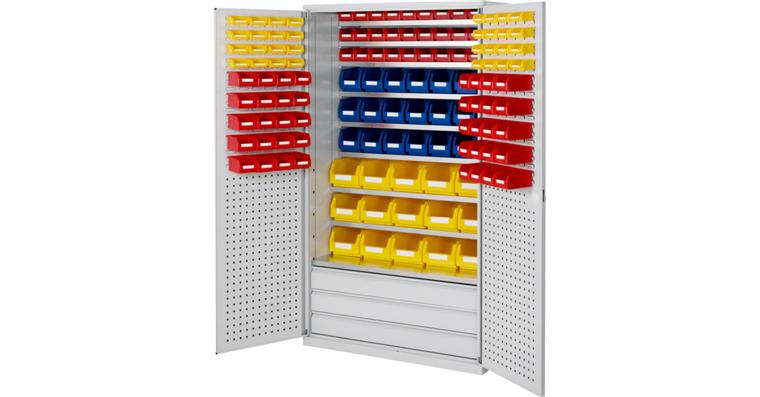 Großraumschrank 1950x1130x590 mm RAL 7035 138 Sichtlagerkästen 9 Fachböden